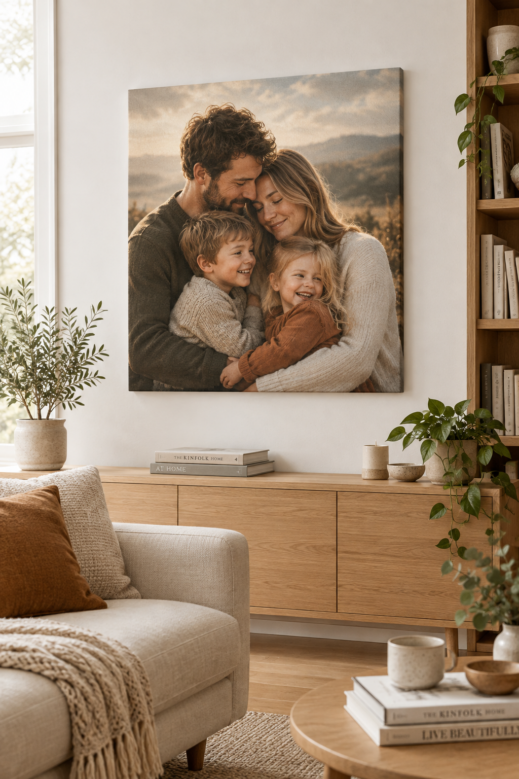 Retrato personalizado en lienzo colgado en salón premium