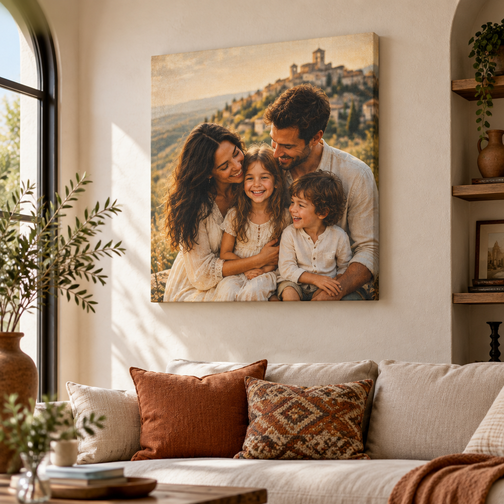 Retrato personalizado en lienzo colgado en salón, ambiente cálido y emocional